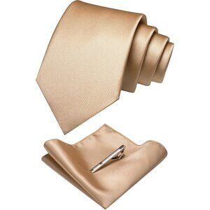 Men's Champagne Gold Colour Formal Necktie and Pocket Square Tie Clip Sets